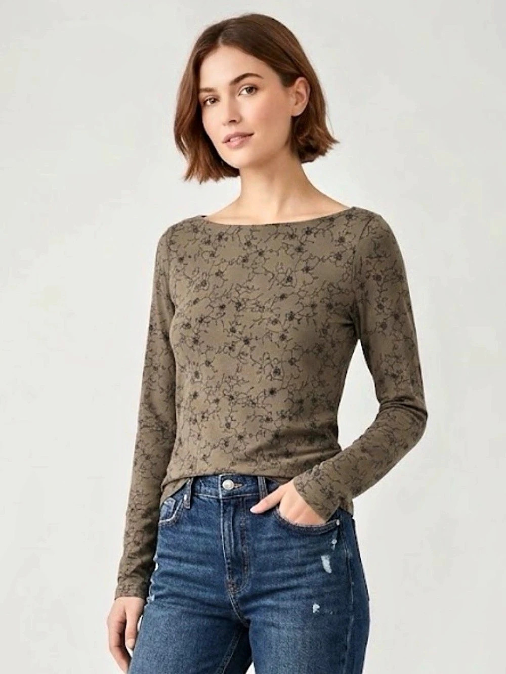 RW&CO. Boatneck Long Sleeve Top with Floral Outlining